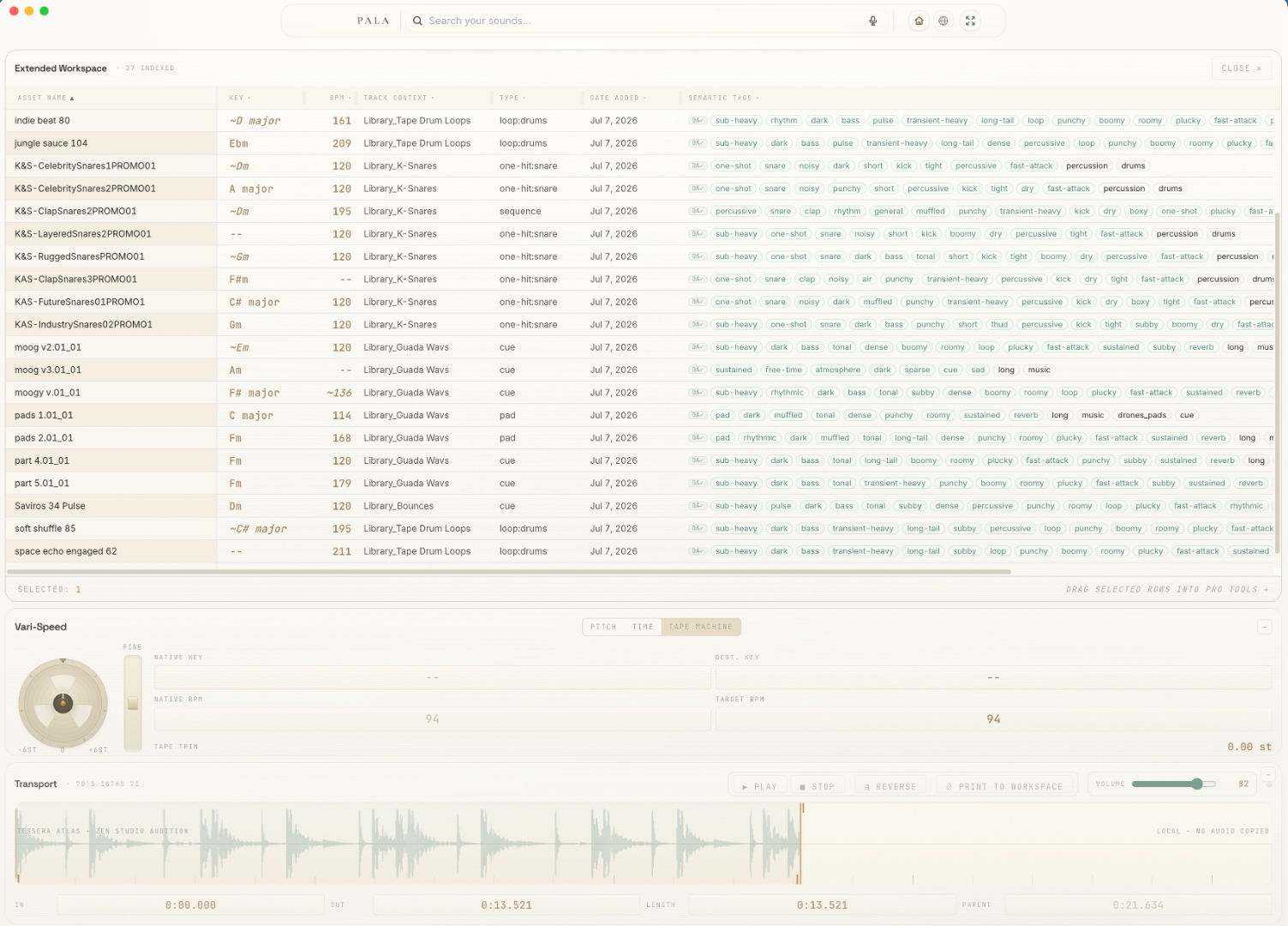 PALA workspace showing an indexed sound library with keys, BPM, semantic tags, Vari-Speed tape controls, and a waveform transport.